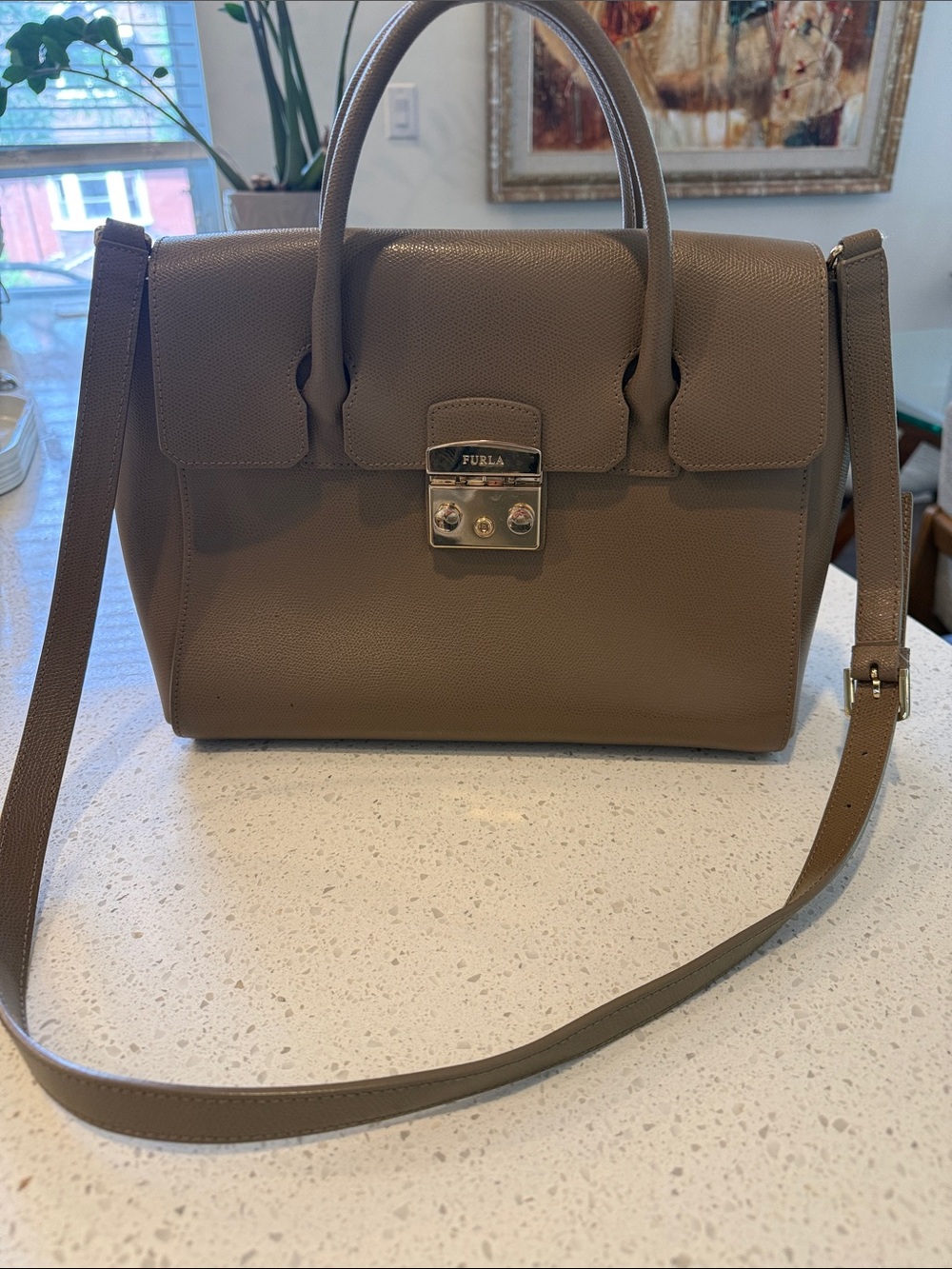Furla Taupe/Brown Pebbled Leather Top-Handle Satchel with Gold Lock